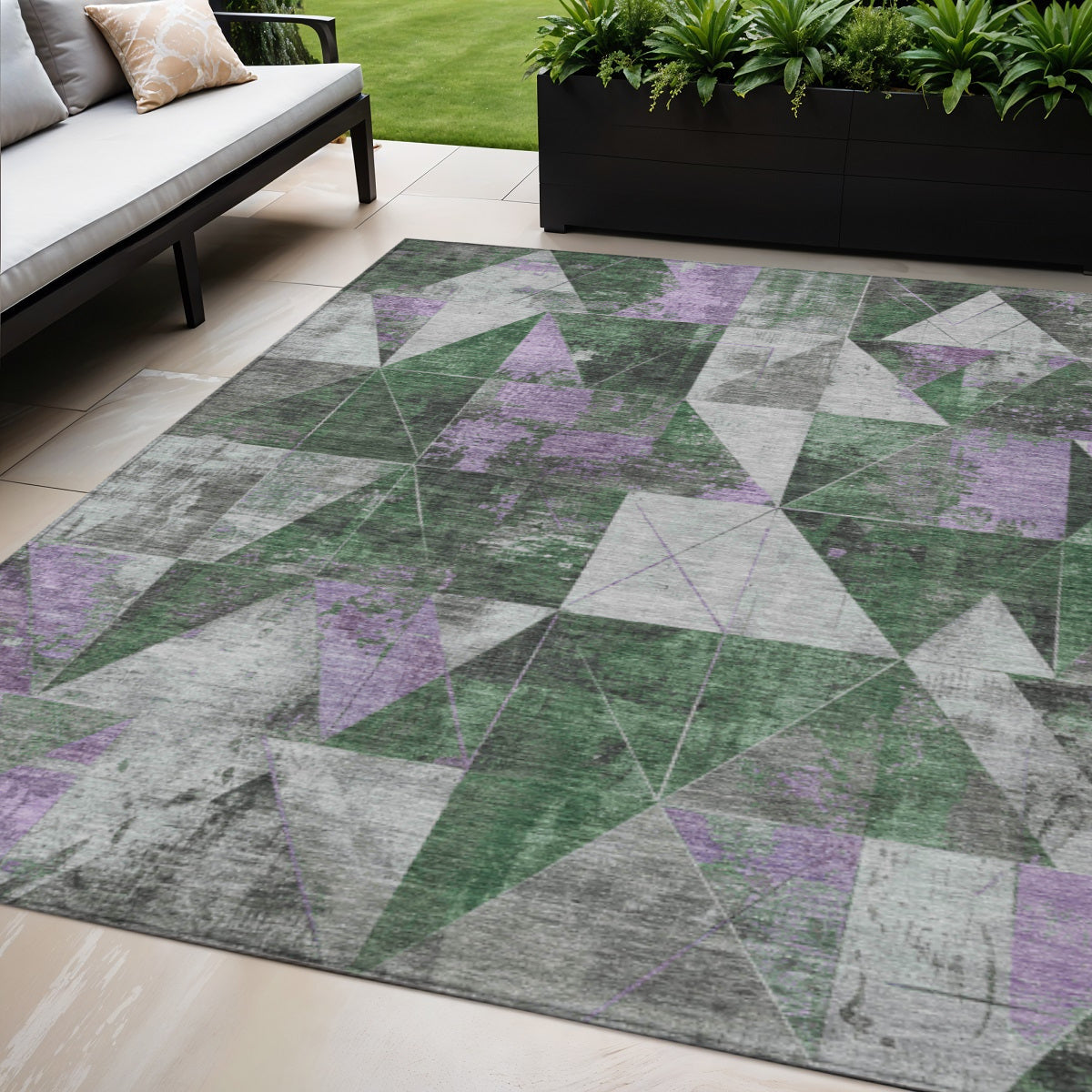 5 X 8 Emerald And Purple Geometric Washable Indoor Outdoor Area Rug