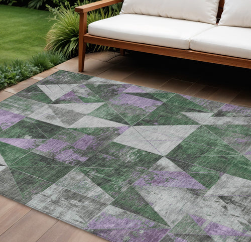 10 X 14 Emerald And Purple Geometric Washable Indoor Outdoor Area Rug