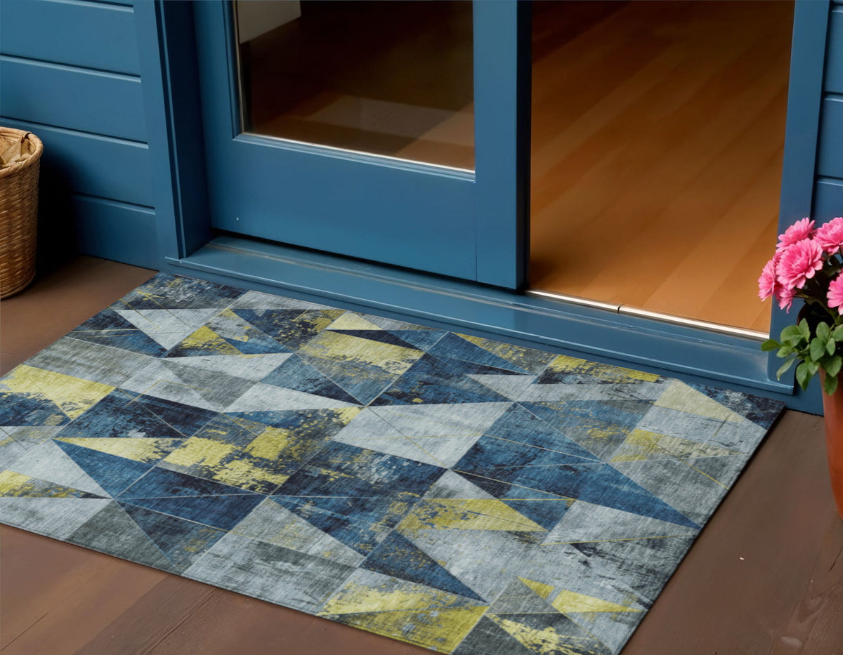 3 X 5 Navy Blue And Yellow Geometric Washable Indoor Outdoor Area Rug