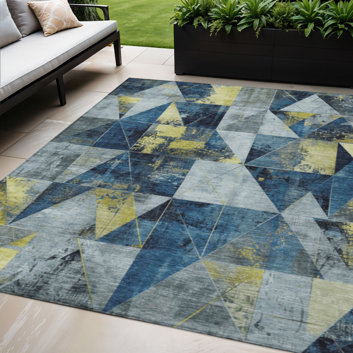 5 X 8 Navy Blue And Yellow Geometric Washable Indoor Outdoor Area Rug