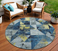 8 Navy Blue And Yellow Round Geometric Washable Indoor Outdoor Area Rug