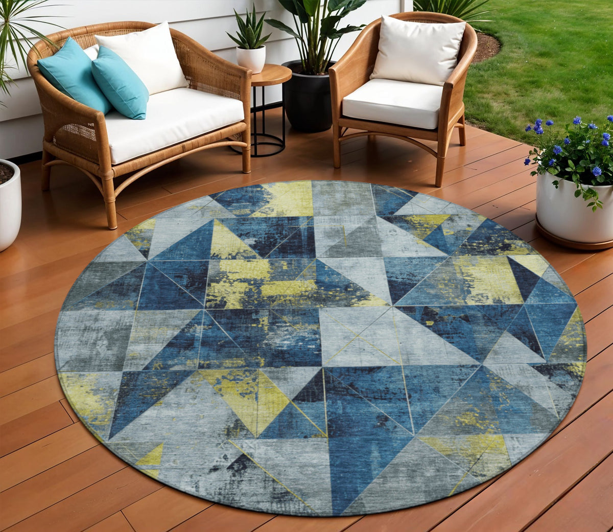 8 Navy Blue And Yellow Round Geometric Washable Indoor Outdoor Area Rug