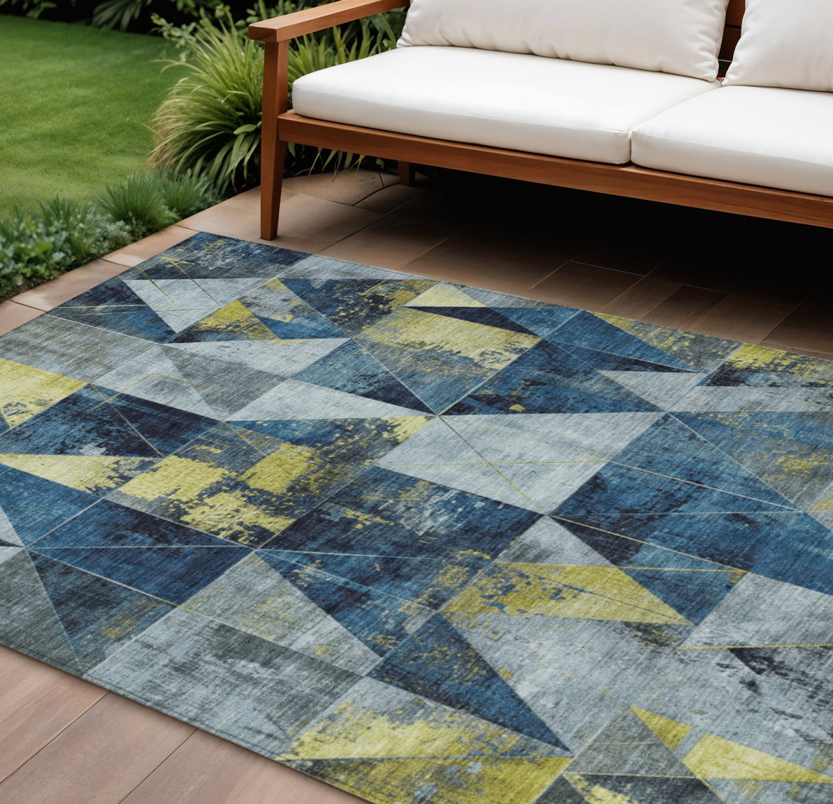 8 X 10 Navy Blue And Yellow Geometric Washable Indoor Outdoor Area Rug