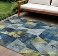 10 X 14 Navy Blue And Yellow Geometric Washable Indoor Outdoor Area Rug