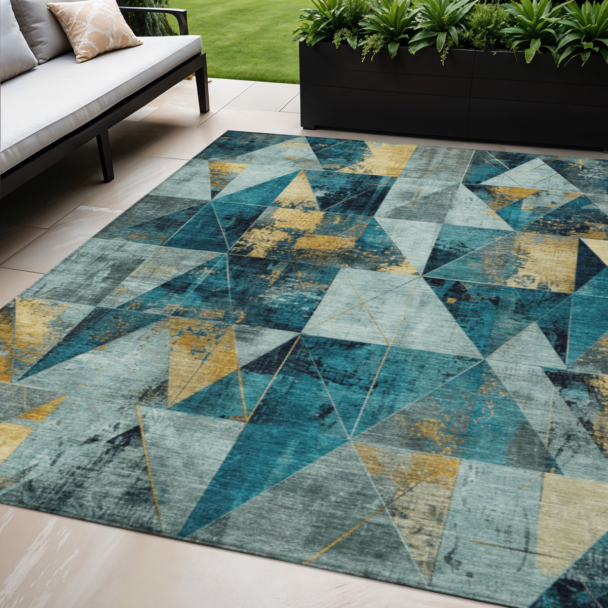 5 X 8 Teal Blue And Gold Geometric Washable Indoor Outdoor Area Rug