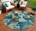 8 Teal Blue And Gold Round Geometric Washable Indoor Outdoor Area Rug