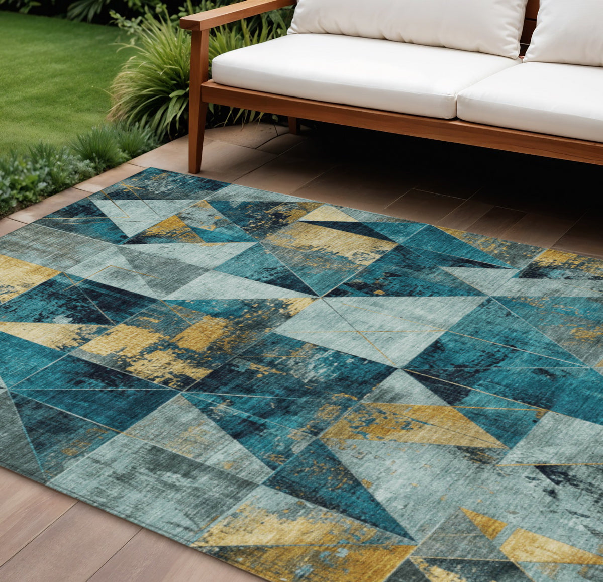 8 X 10 Teal Blue And Gold Geometric Washable Indoor Outdoor Area Rug
