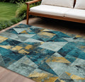 9 X 12 Teal Blue And Gold Geometric Washable Indoor Outdoor Area Rug