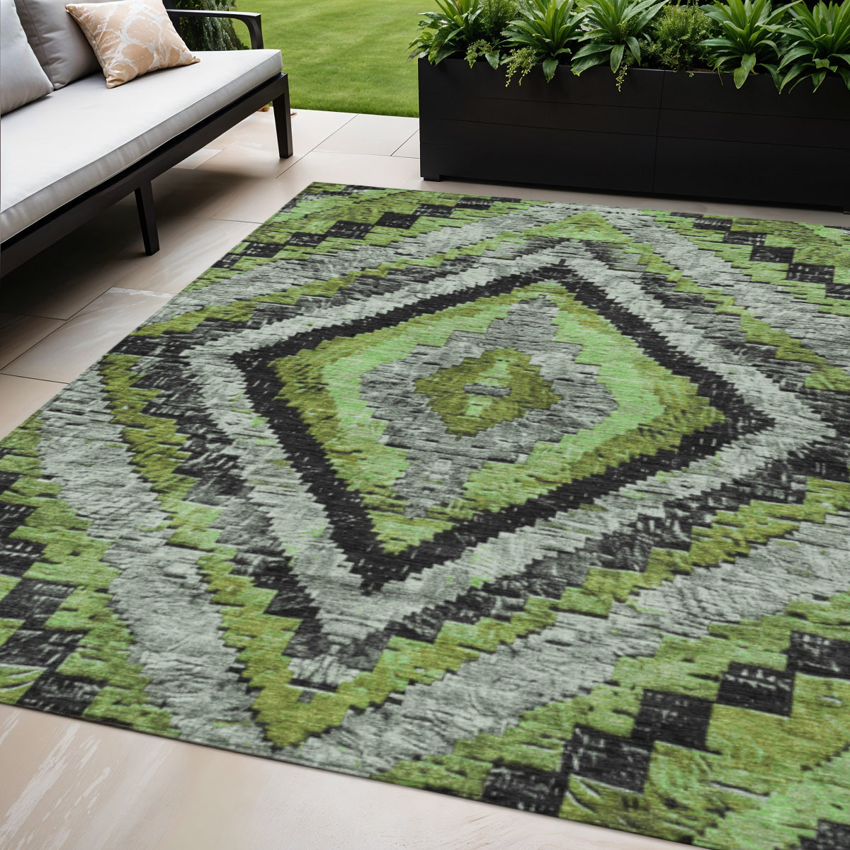 5 X 8 Artichoke Green And Gray Aztec Washable Indoor Outdoor Area Rug