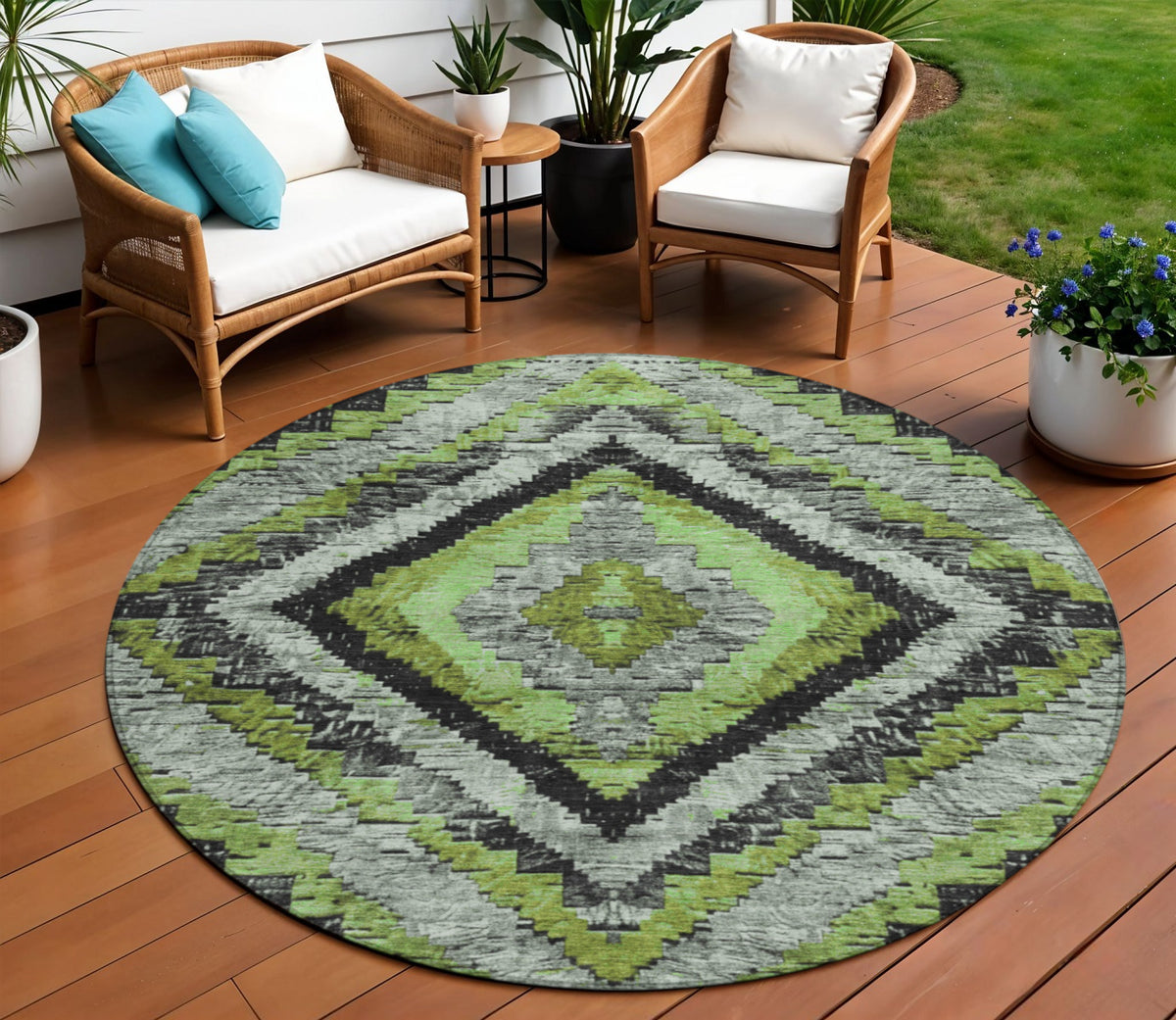 8 Artichoke Green And Gray Round Aztec Washable Indoor Outdoor Area Rug