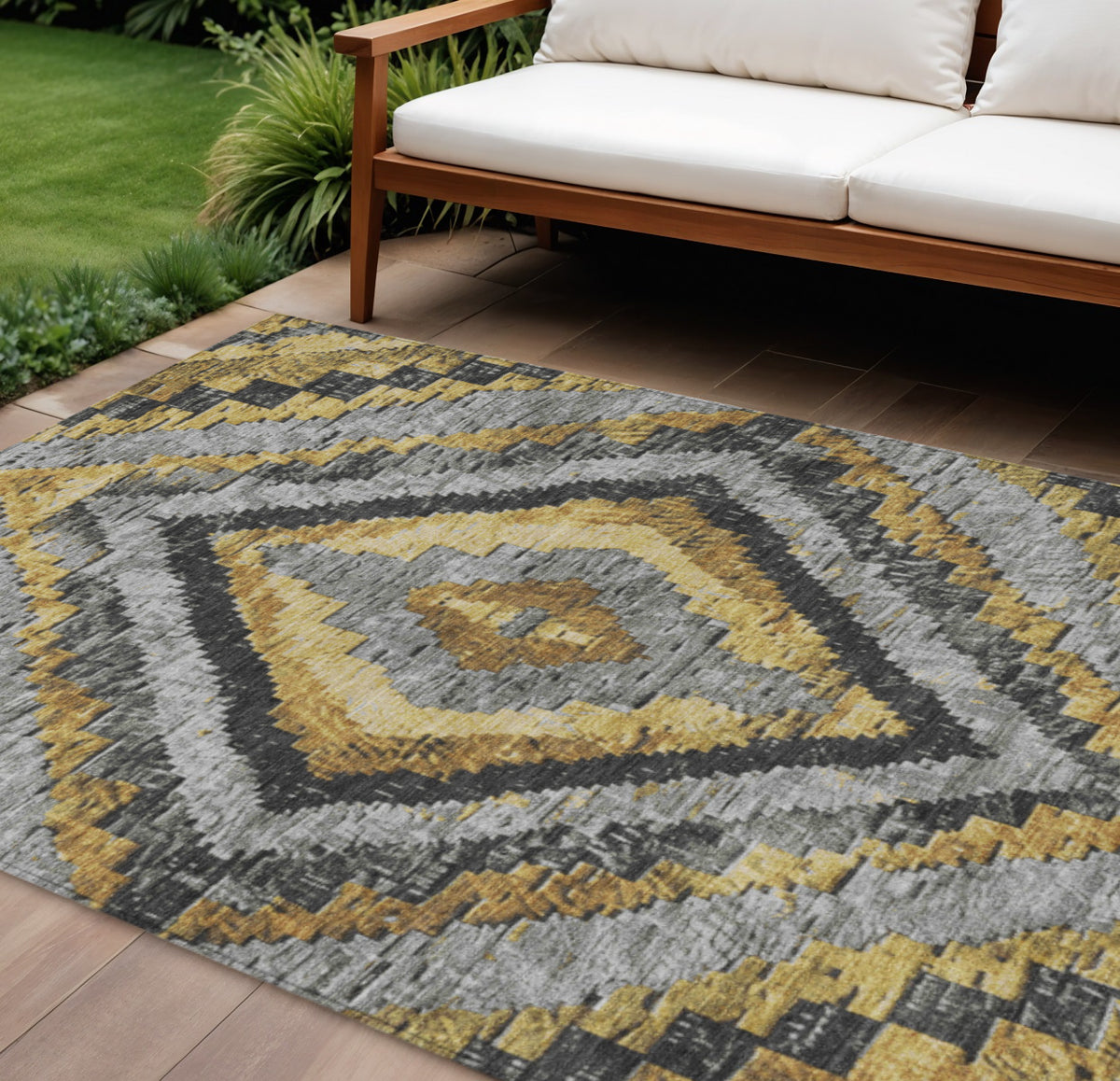10 X 14 Gold And Gray Aztec Washable Indoor Outdoor Area Rug