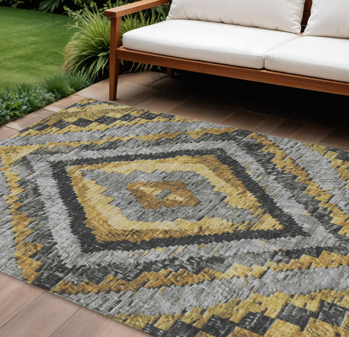 10 X 14 Gold And Gray Aztec Washable Indoor Outdoor Area Rug
