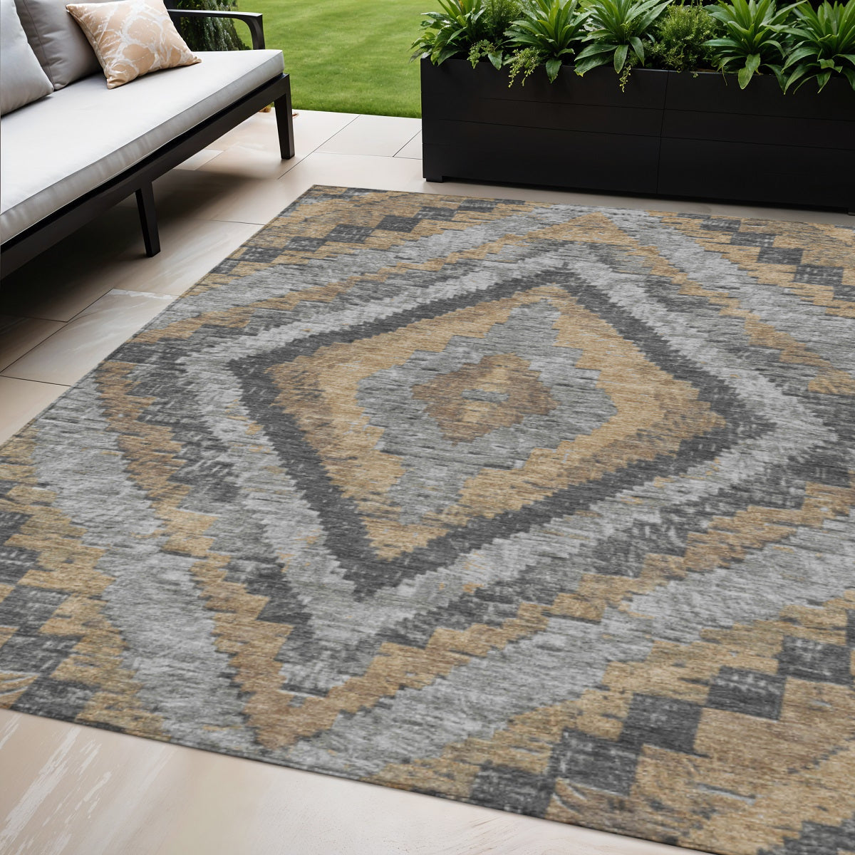 5 X 8 Khaki And Gray Aztec Washable Indoor Outdoor Area Rug