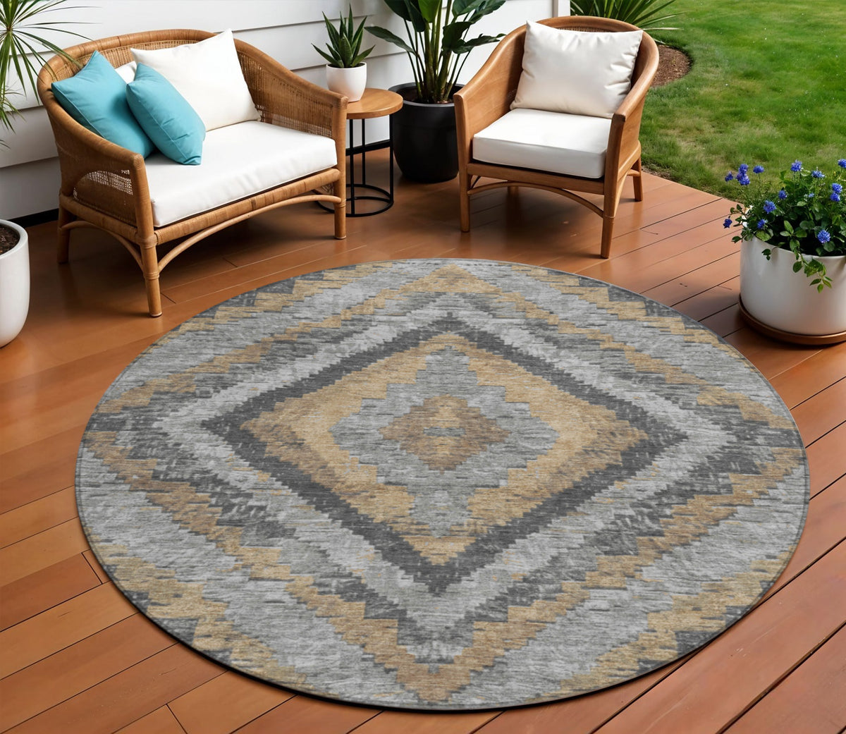 8 Khaki And Gray Round Aztec Washable Indoor Outdoor Area Rug