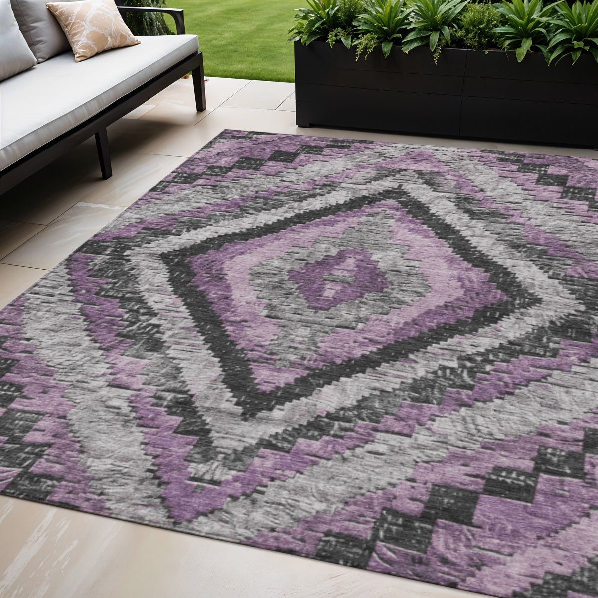 5 X 8 Lavender And Gray Aztec Washable Indoor Outdoor Area Rug