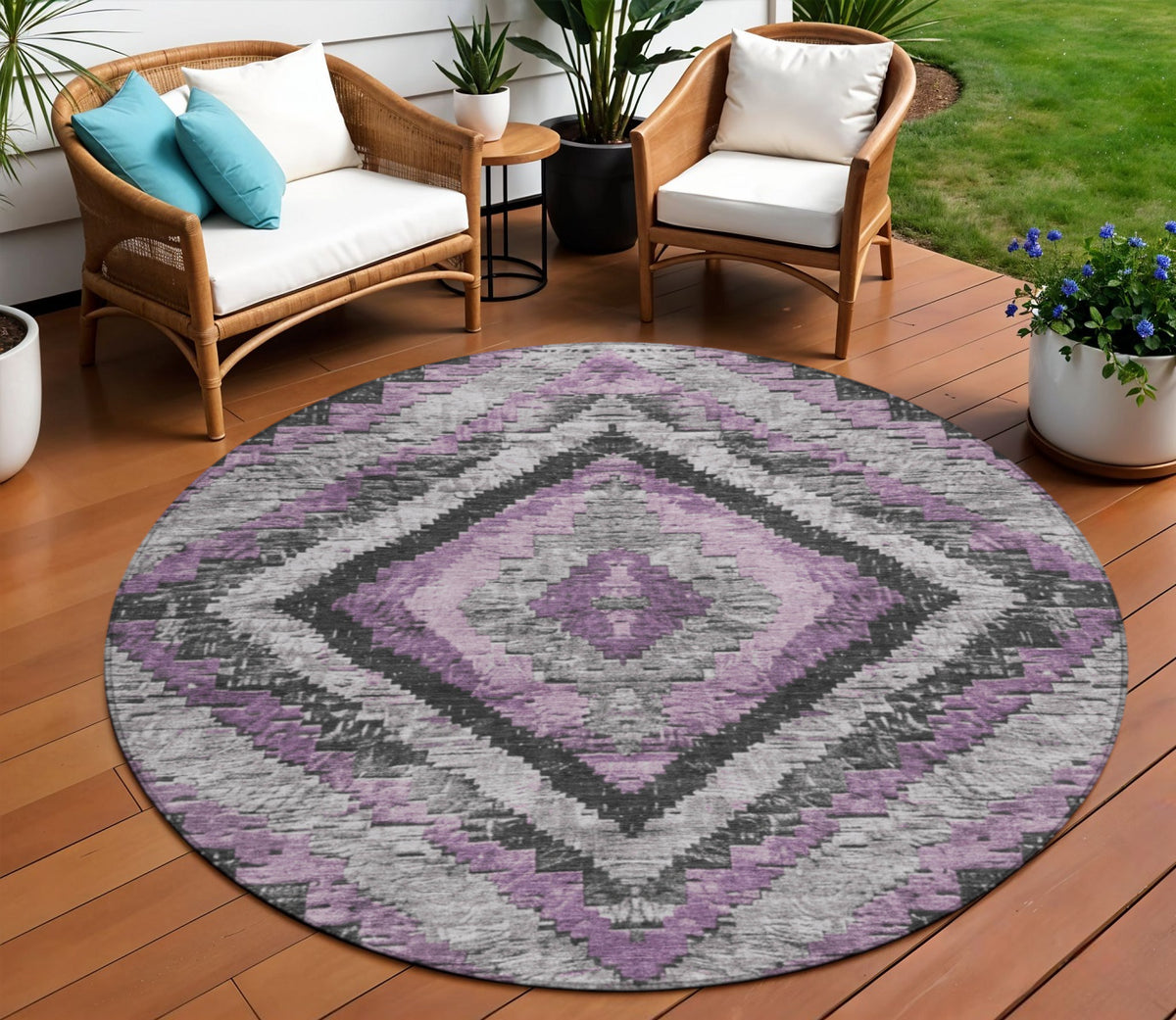 8 Lavender And Gray Round Aztec Washable Indoor Outdoor Area Rug