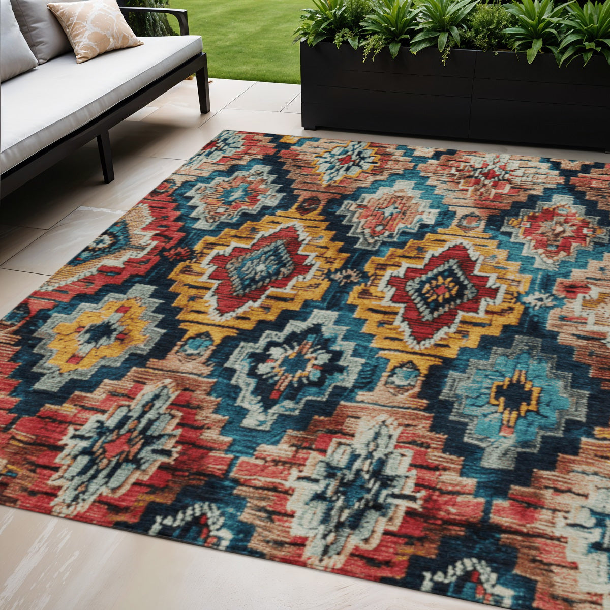 5 X 8 Rust And Blue Aztec Washable Indoor Outdoor Area Rug