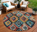 8 Rust And Blue Round Aztec Washable Indoor Outdoor Area Rug