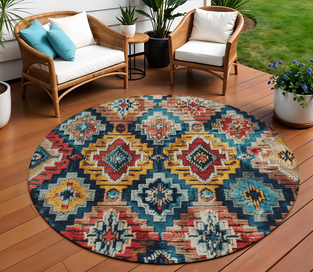 8 Rust And Blue Round Aztec Washable Indoor Outdoor Area Rug