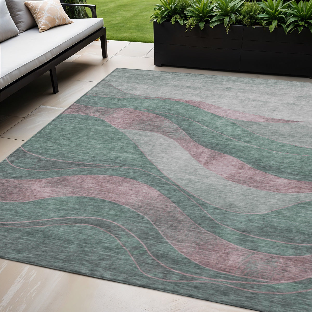 5 X 8 Sage And Blush Abstract Washable Indoor Outdoor Area Rug