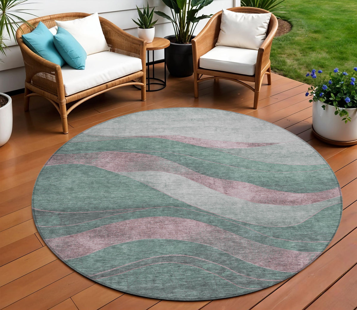 8 Sage And Blush Round Abstract Washable Indoor Outdoor Area Rug