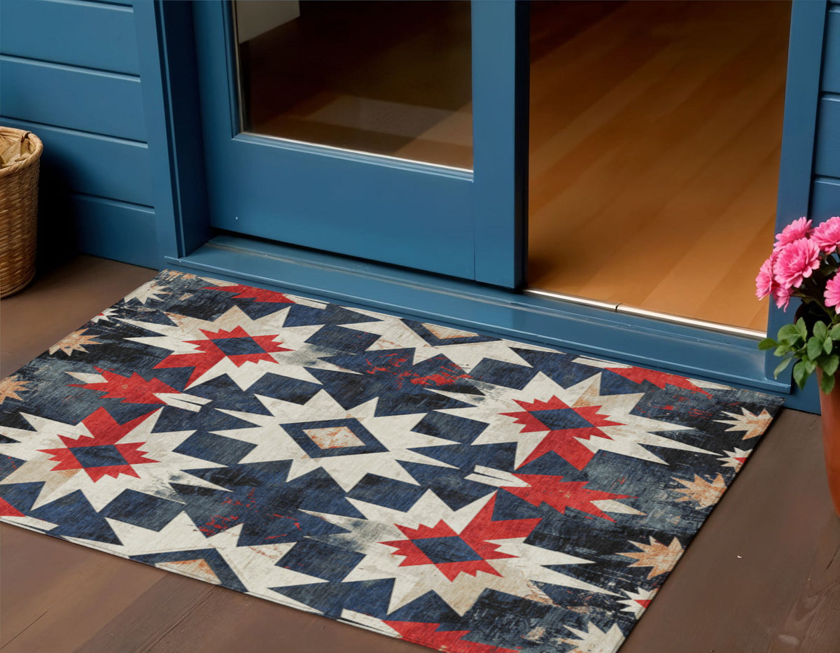 3 X 5 Navy Blue And Red Aztec Washable Indoor Outdoor Area Rug