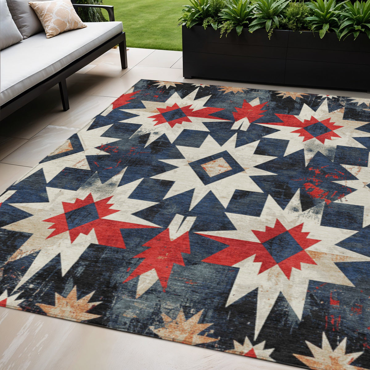 5 X 8 Navy Blue And Red Aztec Washable Indoor Outdoor Area Rug