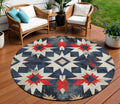 8 Navy Blue And Red Round Aztec Washable Indoor Outdoor Area Rug