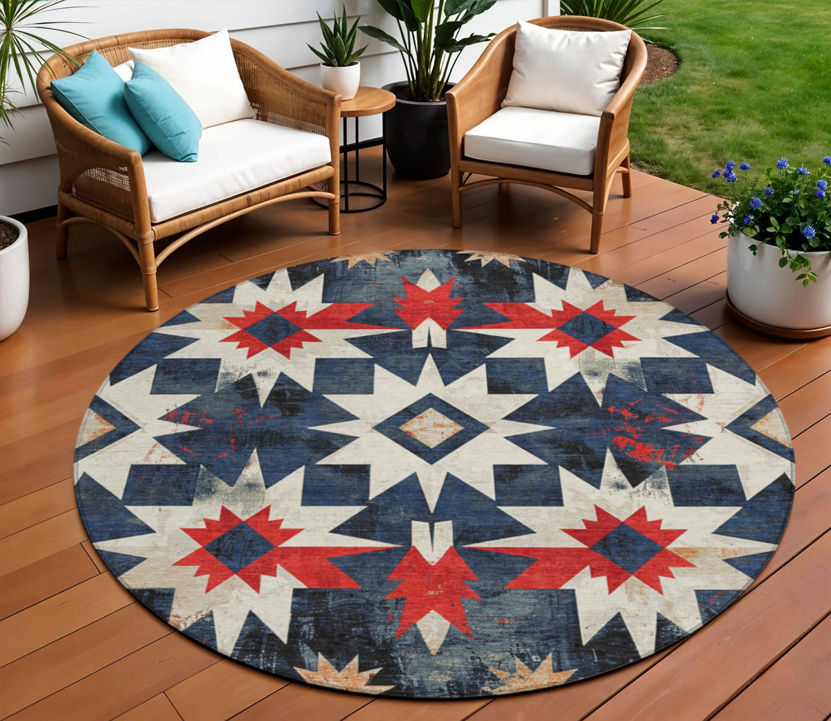 8 Navy Blue And Red Round Aztec Washable Indoor Outdoor Area Rug