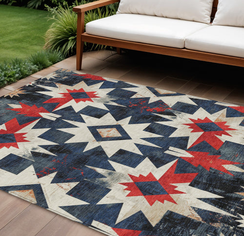 10 X 14 Navy Blue And Red Aztec Washable Indoor Outdoor Area Rug