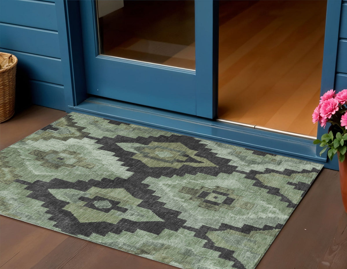 3 X 5 Artichoke Green And Charcoal Aztec Washable Indoor Outdoor Area Rug