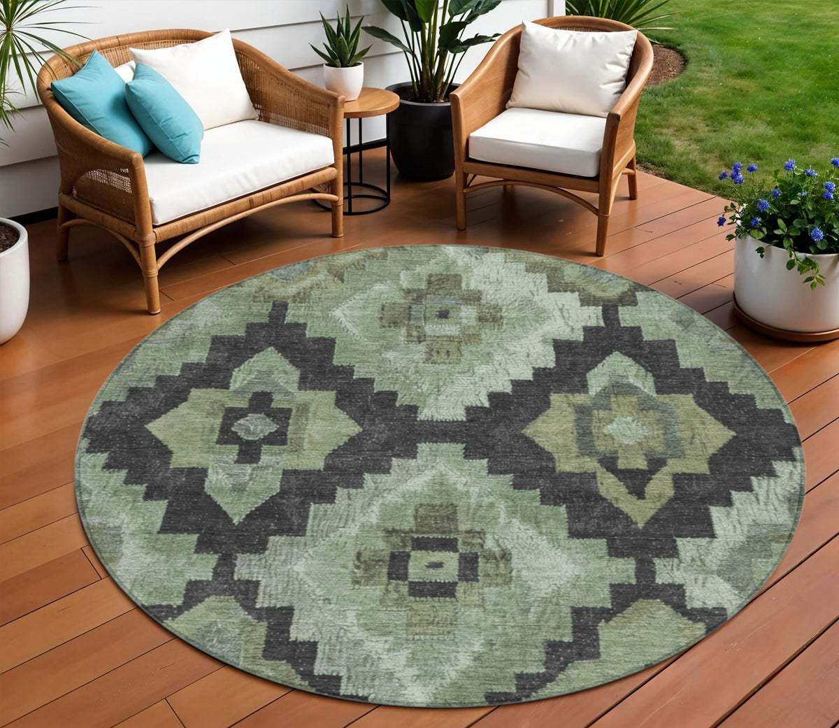 8 Artichoke Green And Charcoal Round Aztec Washable Indoor Outdoor Area Rug