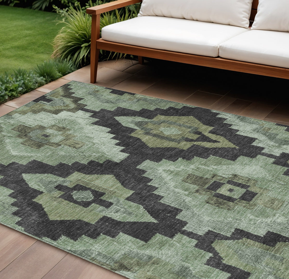 8 X 10 Artichoke Green And Charcoal Aztec Washable Indoor Outdoor Area Rug