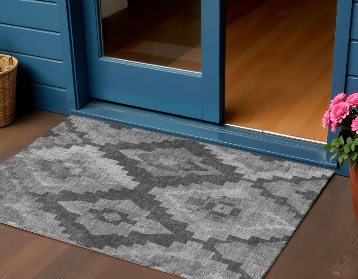 3 X 5 Gray And Charcoal Aztec Washable Indoor Outdoor Area Rug
