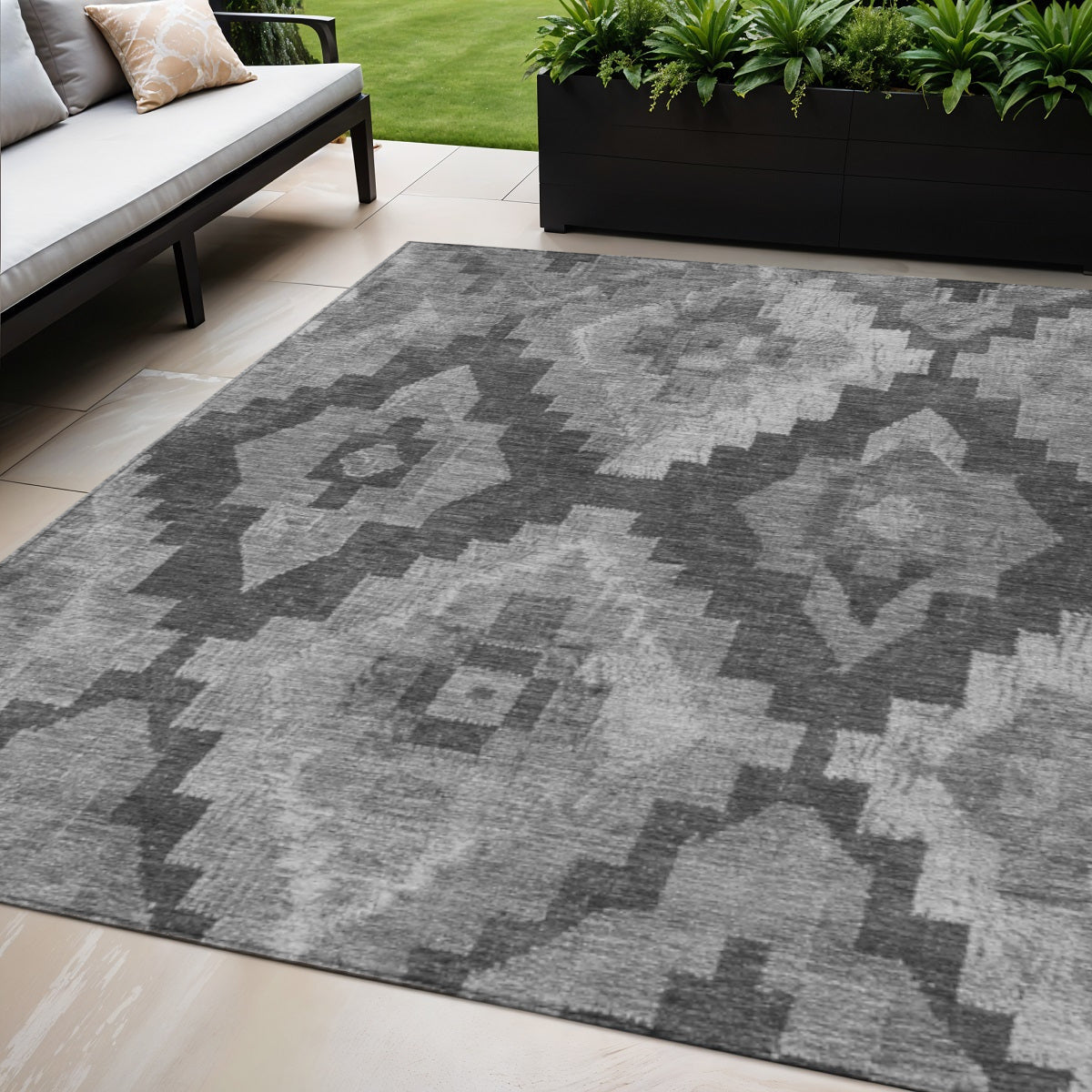 5 X 8 Gray And Charcoal Aztec Washable Indoor Outdoor Area Rug