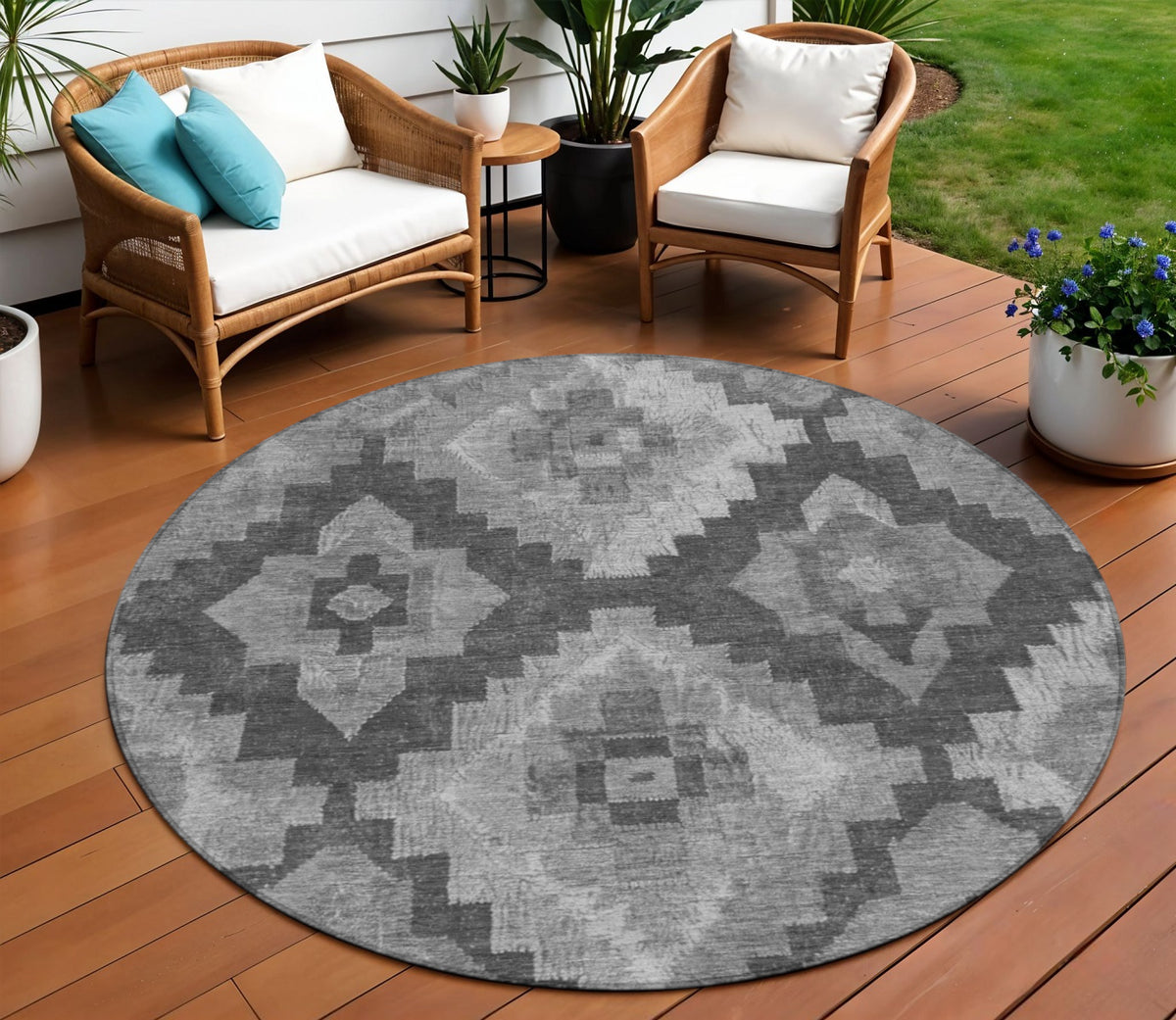 8 Gray And Charcoal Round Aztec Washable Indoor Outdoor Area Rug