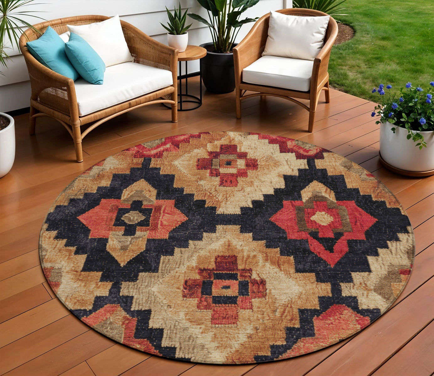8 Rust And Charcoal Round Aztec Washable Indoor Outdoor Area Rug