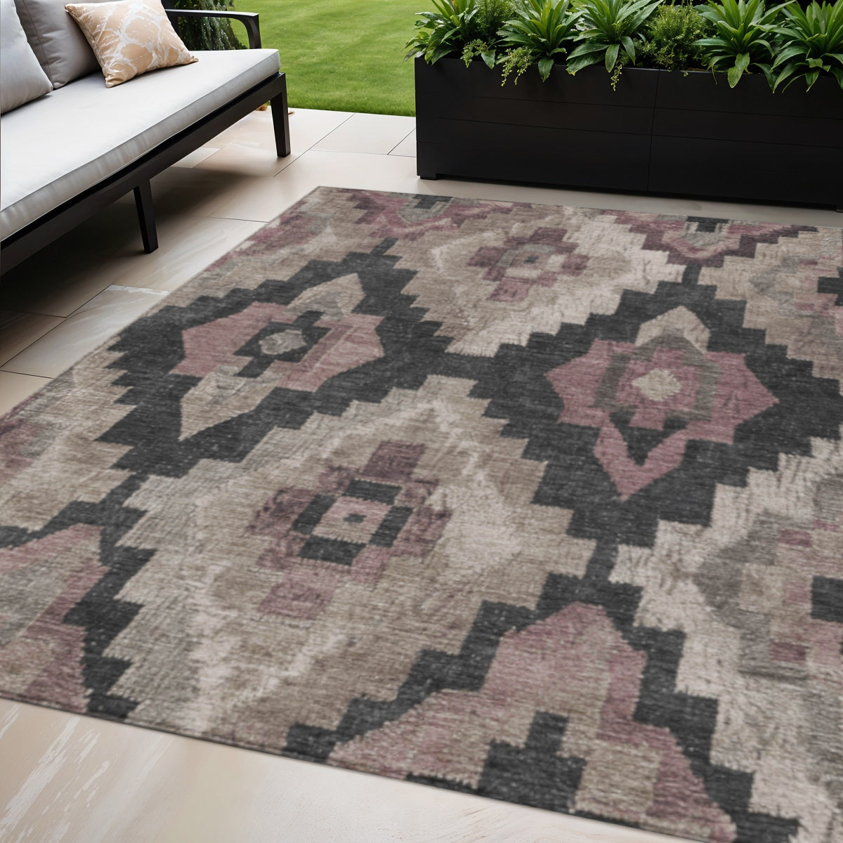5 X 8 Taupe And Charcoal Aztec Washable Indoor Outdoor Area Rug
