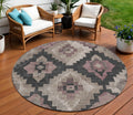 8 Taupe And Charcoal Round Aztec Washable Indoor Outdoor Area Rug