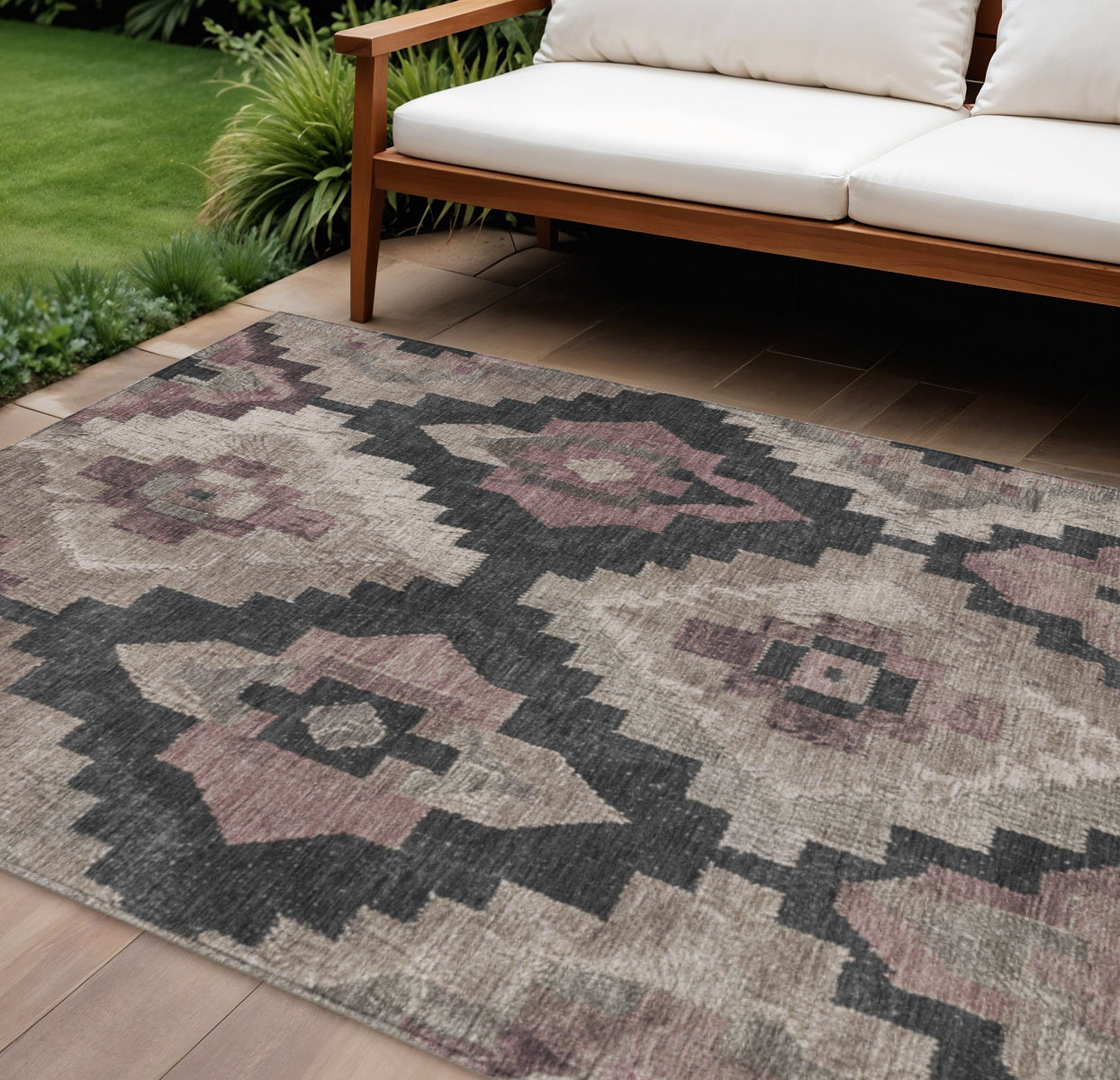9 X 12 Taupe And Charcoal Aztec Washable Indoor Outdoor Area Rug