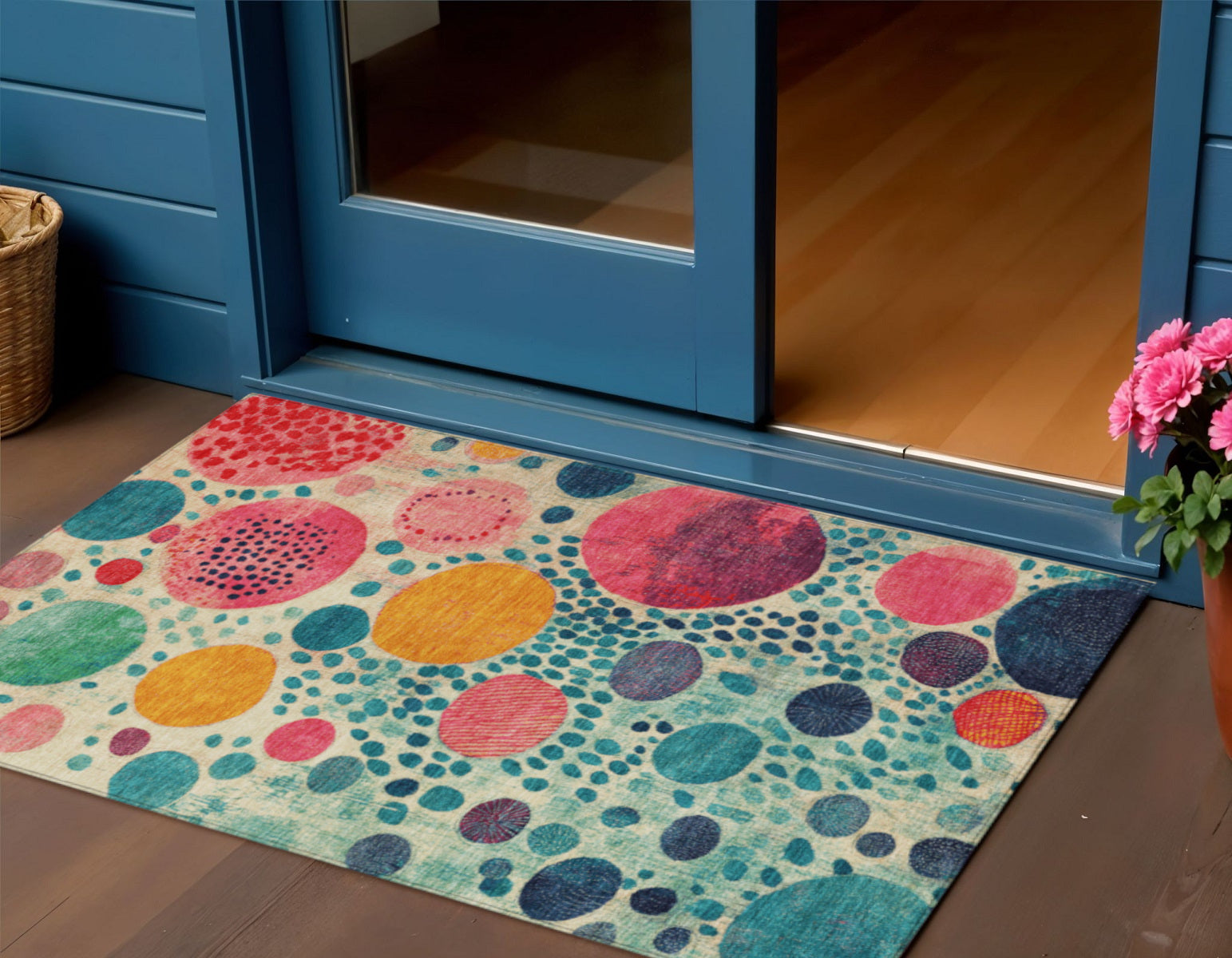 3 X 5 Teal Blue Pink And Orange Geometric Washable Indoor Outdoor Area Rug
