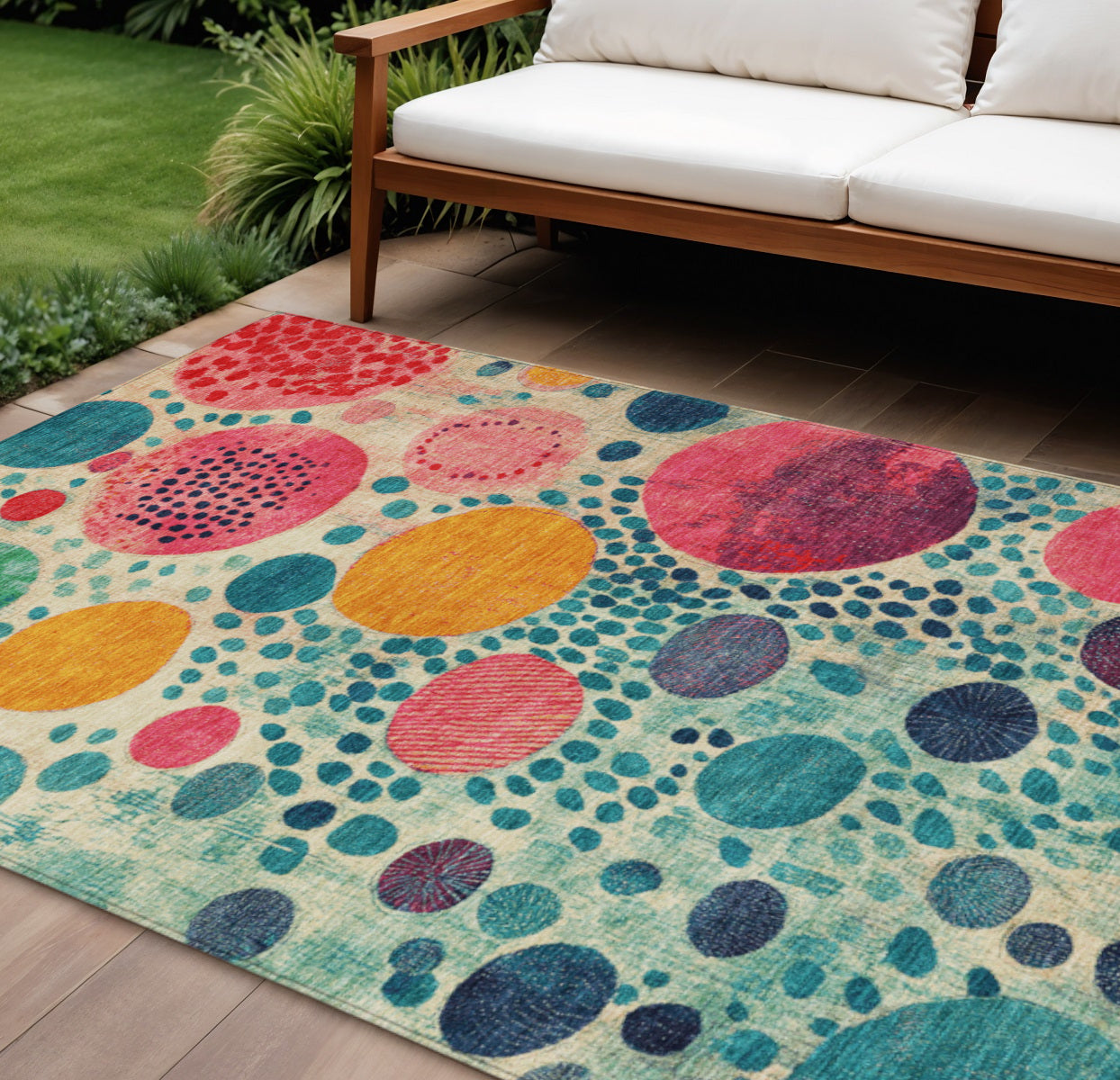 10 X 14 Teal Blue Pink And Orange Geometric Washable Indoor Outdoor Area Rug