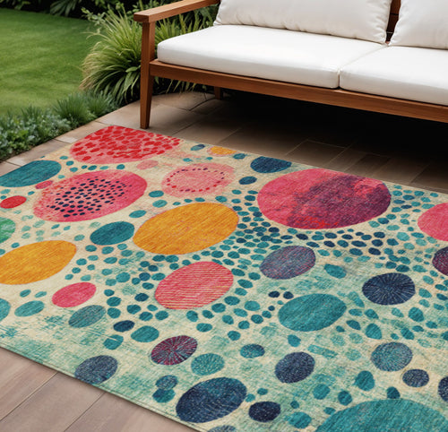 10 X 14 Teal Blue Pink And Orange Geometric Washable Indoor Outdoor Area Rug