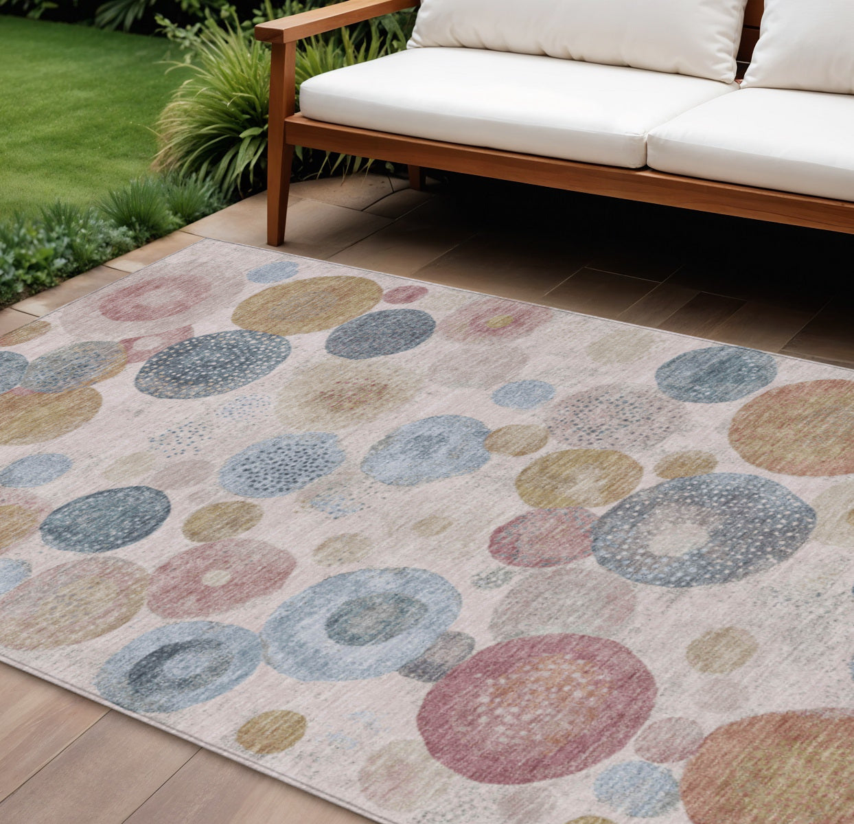 8 X 10 Blush Blue And Taupe Geometric Washable Indoor Outdoor Area Rug