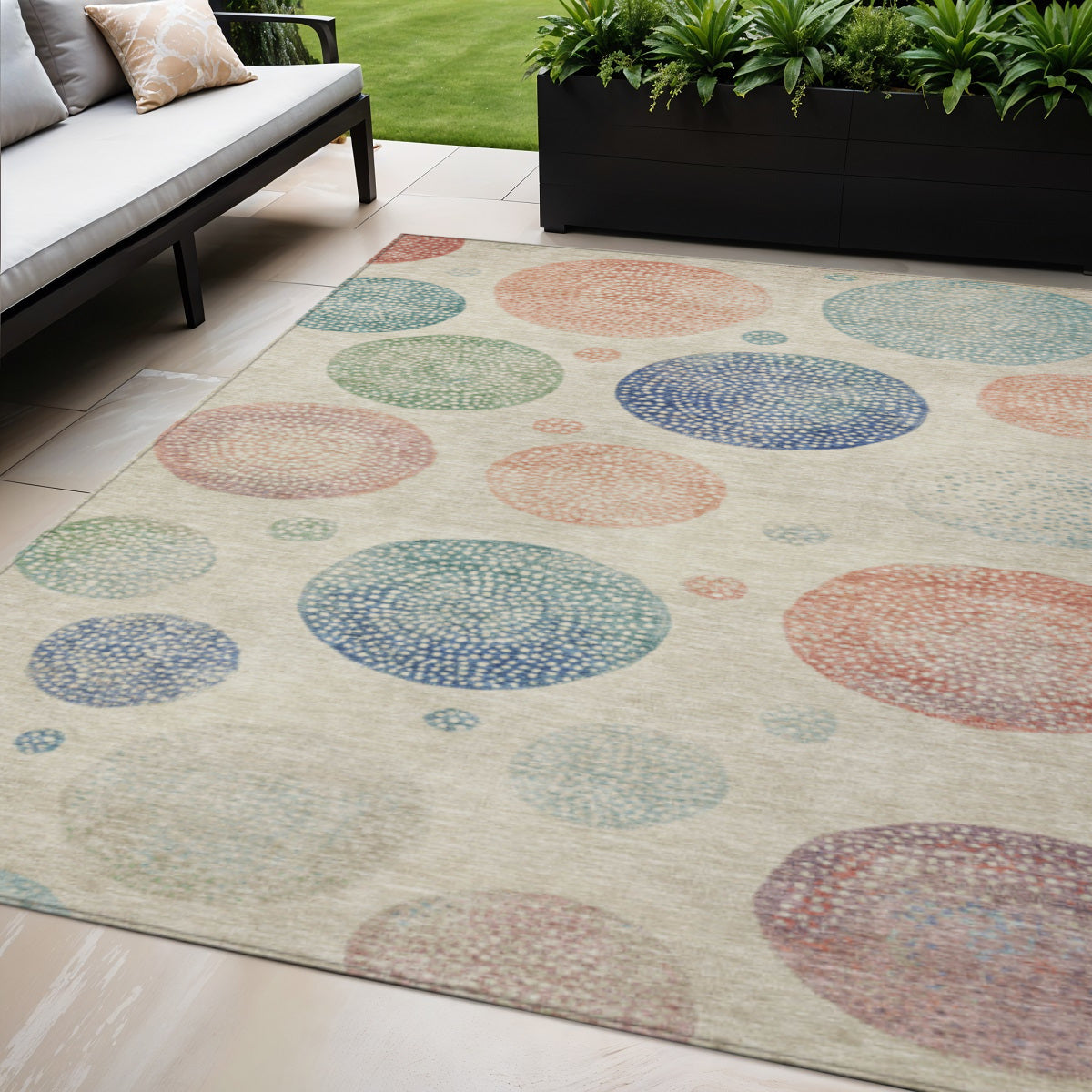 5 X 8 Ivory And Peach Geometric Washable Indoor Outdoor Area Rug