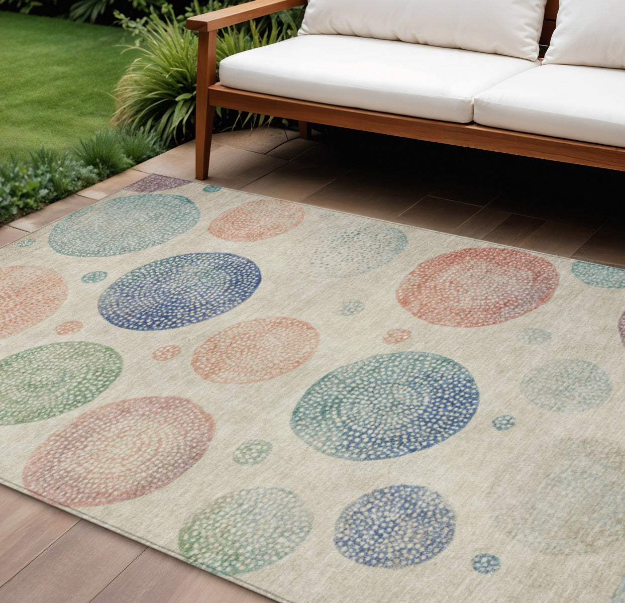 8 X 10 Ivory And Peach Geometric Washable Indoor Outdoor Area Rug