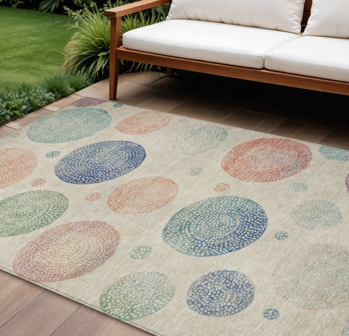10 X 14 Ivory And Peach Geometric Washable Indoor Outdoor Area Rug