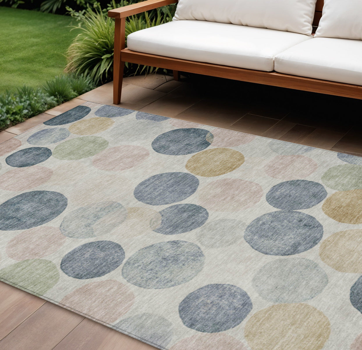 10 X 14 Beige Navy Blue And Gold Geometric Washable Indoor Outdoor Area Rug