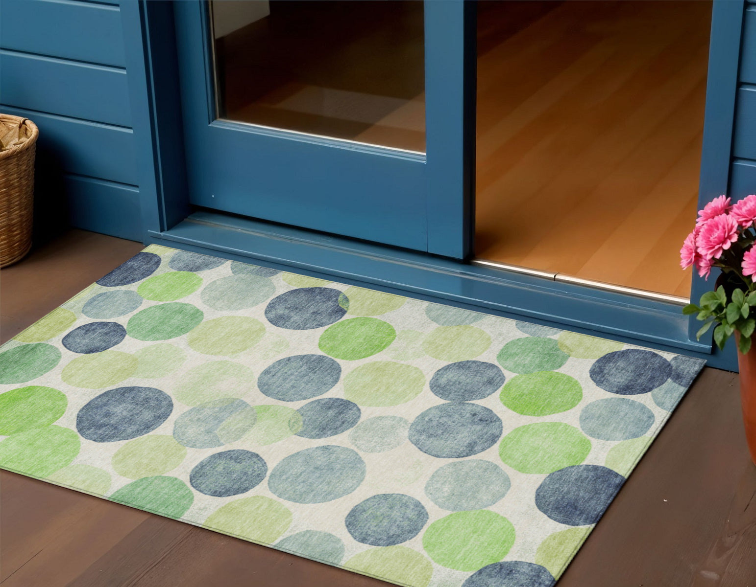 3 X 5 Navy Blue Lime Green And Ivory Geometric Washable Indoor Outdoor Area Rug