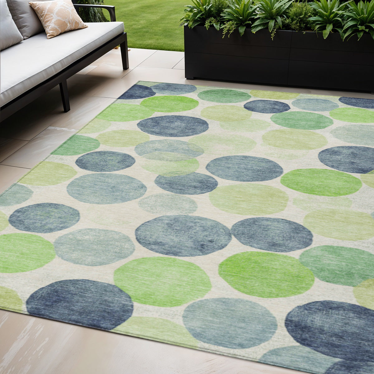 5 X 8 Navy Blue Lime Green And Ivory Geometric Washable Indoor Outdoor Area Rug